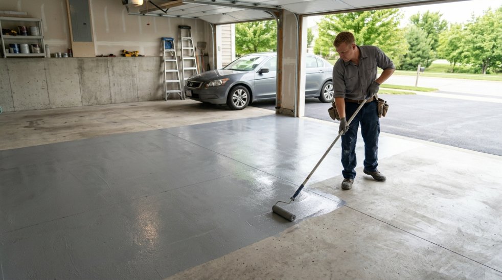 Contractor rolling gray epoxy paint onto a concrete garage floor beside a parked car