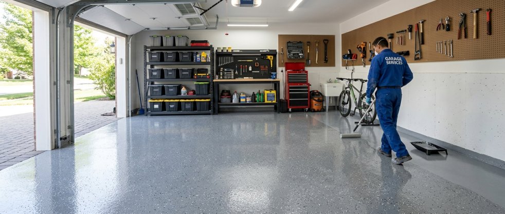 Technician painting a clean epoxy garage floor in an organized residential garage with tools and storage shelves