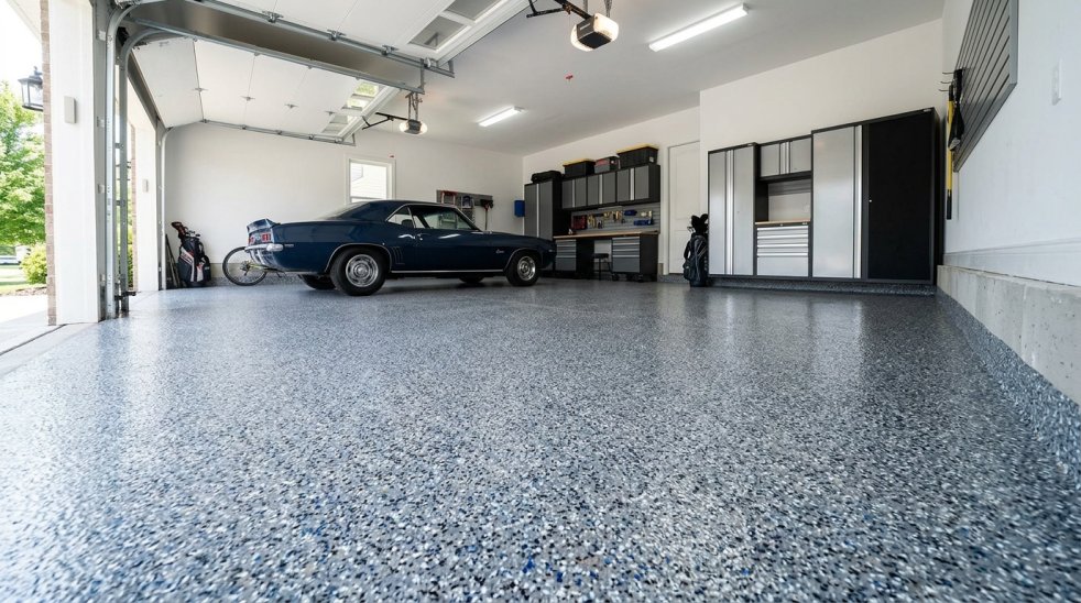 Clean garage with speckled epoxy floor coating, classic car, and storage cabinets in a spacious interior